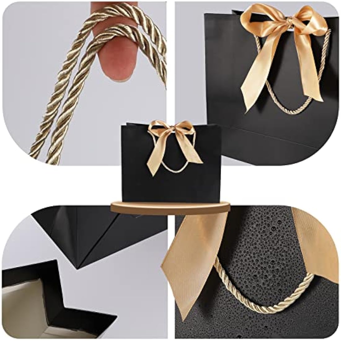 10 Pcs Black Gift Bags with Gold Bow Ribbon, Paper Party Favor Bag with Handles Gift Bags Large for Wedding Graduation Birthday Party Celebration Present Bags, 13x9.8x4.3 Inches