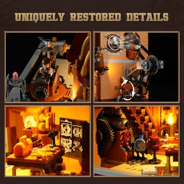 FUNWHOLE Steampunk Flying Club Lighted Building Set – 1858 Pieces Modular Construction Kit Collector’s Set for Adults and Teens