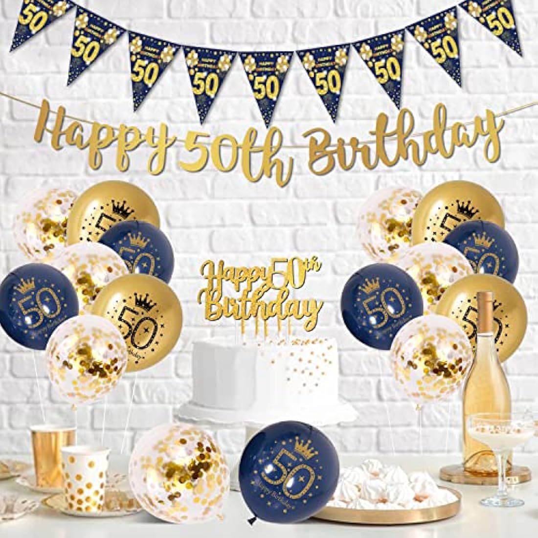 50th Birthday Decorations Men Blue Gold Happy 50th Birthday Banner, 50th Birthday Balloons, Navy Blue Gold Latex Balloons Party Decorations Confetti Balloons for Men 50 Birthday Party Supplies