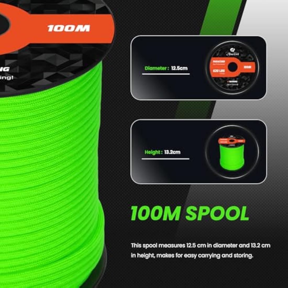 Abma Cord Paracord 4mm 100m 100% Nylon Rope 9 Strands Type III Parachute Cord for DIY, Camping, Survival, Outdoor - Max. 280kg - Neon Green