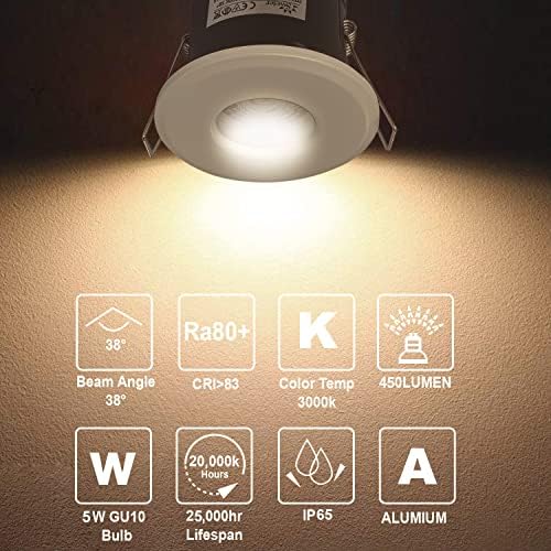 4XSweier Fire Rated GU10 White Downlights,IP65 Waterproof 5W Warm White 3000k Spotlight,90 Minute Fire Rated LED Recessed Ceiling Lights,230V GU10 Downlights,Cut-Out 70mm.