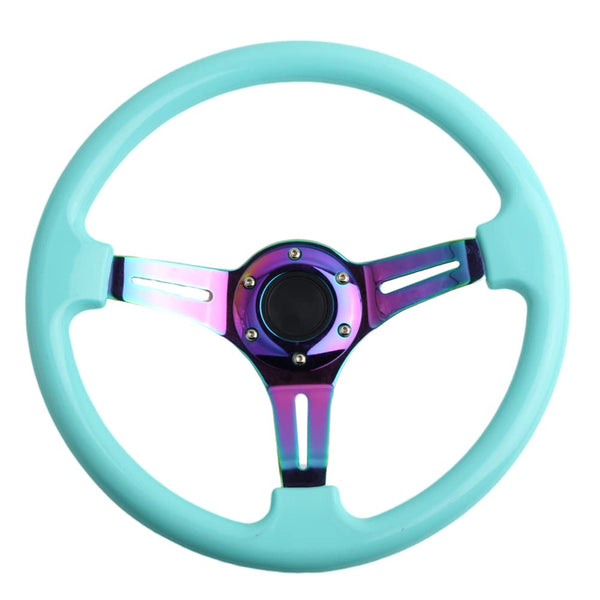 350mm Green Racing Steering Wheel Neo Chrome Spoke Universal 6 Bolts 45mm Deep Dish Classic ABS Wood Steering Wheel with Horn Button