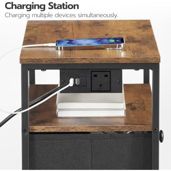 HOOBRO Bedside Table with Charging Station, End Table with 3 Fabric Drawers, Sofa Side Table with USB Ports and Socket, Nightstand for Bedroom, Living Room, Rustic Brown and Black EBF403KBZ01