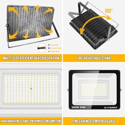 RIGIDON 1 Pcs Outdoor Flood LED Work Light, 200W 20000 Lumens Floodlight, Daylight Cold White Security Lights for Garden Yard Lawn Basketball Football Court Patio Landscape, IP66 Waterproof 6000K