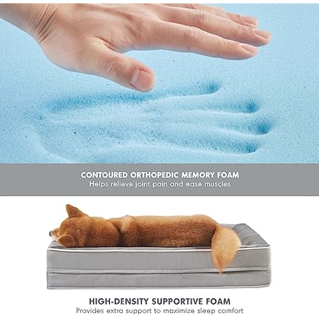 Codi Large Memory Foam Layer Dog Bed, Washable Orthopedic Dogs Beds Couch with Removable Zipper Cover, Waterproof Pet Sofa with U-Shape Bolster, Grey, 91x68x(7.5+8.9) cm