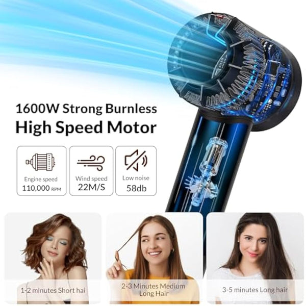 Chignon Ionic Hair Dryer with Diffuser - 110,000 RPM Brushless Motor, 1600W Blow Dryer with Temperature Display & Magnetic Attachments, Low Noise for Salon Styling