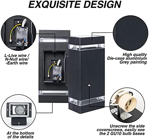 Aranzyec 2 X Outdoor Wall Lights Mains Powered, Aluminium Up Down Outside Wall Lights, Max 35W GU10, IP54 Waterproof Black Garden Lights for Patio, Terrace, Garden, Hallway, Balcony, Porch, Pathway