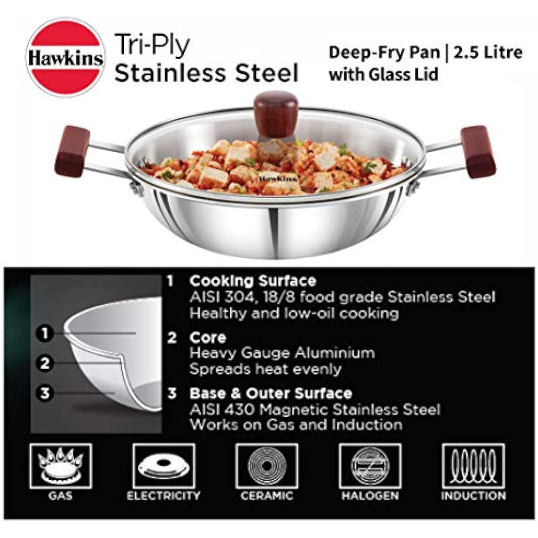 HAWKINS 2.5 Litre Deep Fry Pan, Triply Stainless Steel Kadai with Glass Lid, Flat Bottom Induction Kadhai, Silver (SSD25G)