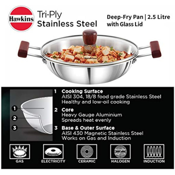 HAWKINS 2.5 Litre Deep Fry Pan, Triply Stainless Steel Kadai with Glass Lid, Flat Bottom Induction Kadhai, Silver (SSD25G)