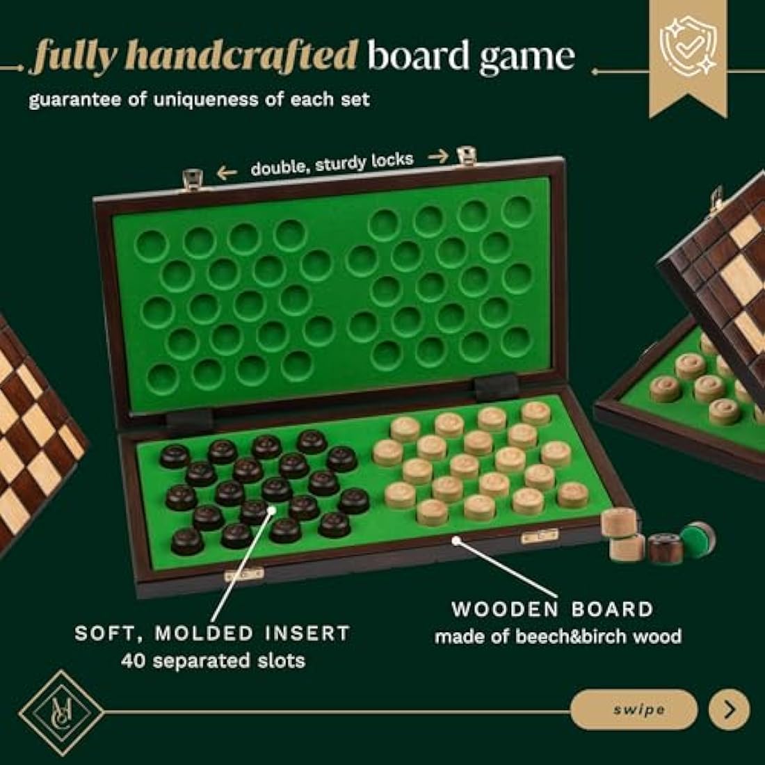 Wooden Checkers 100 Squares XXL CHECKERS | Master Of Chess | Folding Chess Board 39x39 cm | Handcrafted Travel Draughts Set - Draughts Board Game for Kids and for Adults