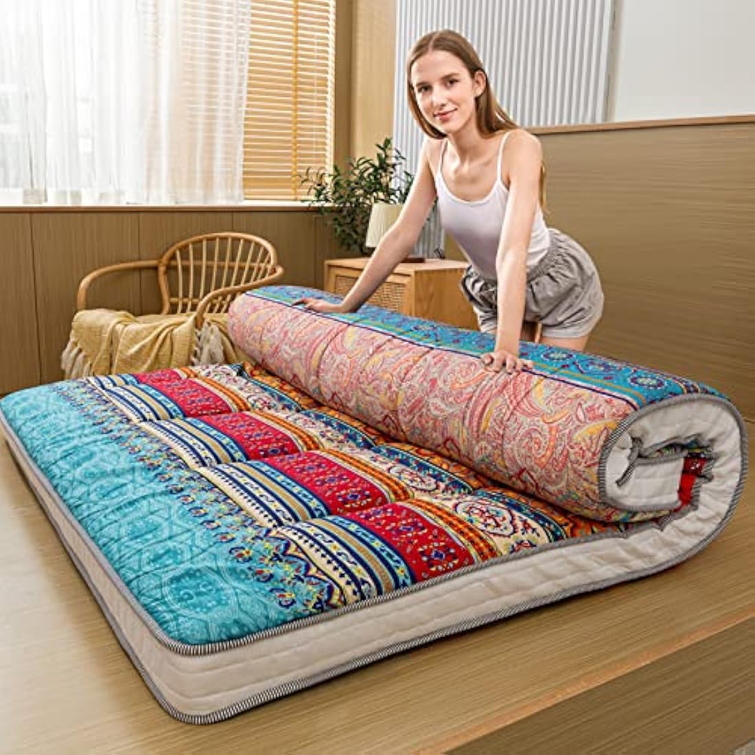 MAXYOYO Bohemian Retro Floor Mattress Vintage Floral Japanese Futon Mattress Roll Up Thicken Sleeping Bed Portable Camping Mattress Floor Lounger Couch Bed Mattress Pad (Thick-Bohemian A, King)