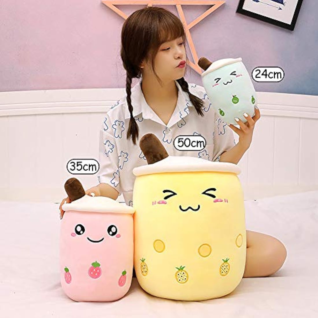 AMOZO Cute Cartoon Boba Milk Tea Soft Plush Doll, Giant Boba Bubble Plushie Stuffed Tea Cup Pillow Gift Toys(Pink,24cm)