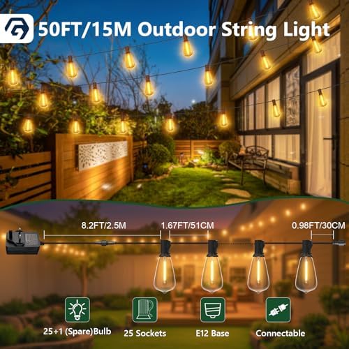 Garden Lights 50FT/15M, ST38 Outdoor String Lights, Warm White Waterproof Outdoor Festoon Lights Mains Powered with 25+1 Plastic LED Bulbs for Patio Balcony Party Wedding