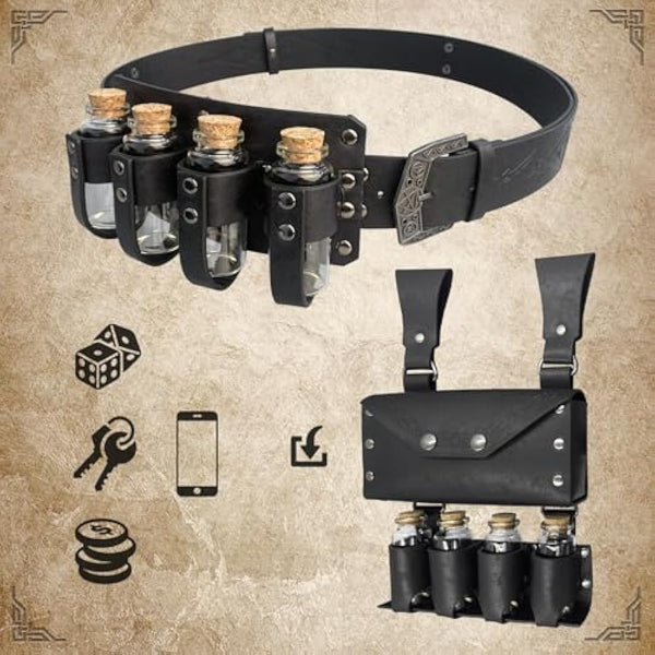 EpicCos 3 PCs Medieval Alchemy Belt Waist Pack Combo with Multiple Potion Bottles, Viking Rivet Belt Side Pouch for Cosplay (Black C)