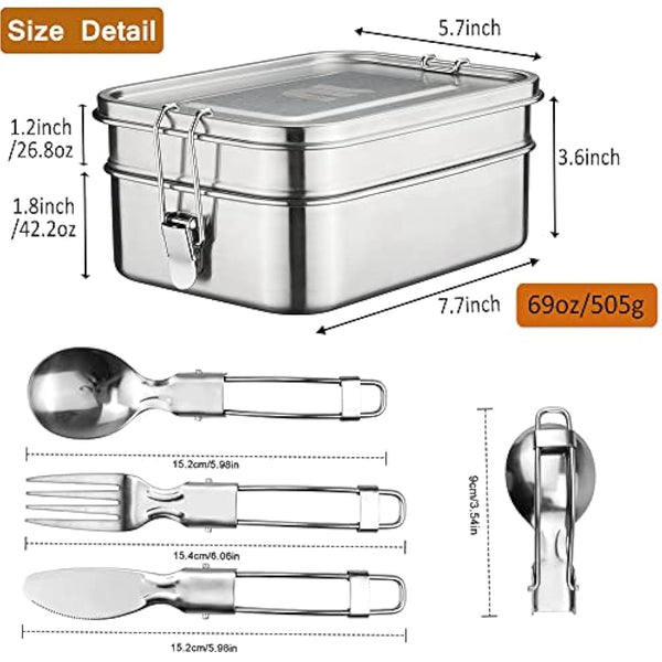 nicelock Stainless Steel Lunch Box Large, 2 Tier (760ml+1200ml) Metal Bento Box Leak-Proof Sandwich Salad Food Storage Container with Adjustable Compartment, Folding Cutlery Set for Adult Women Men