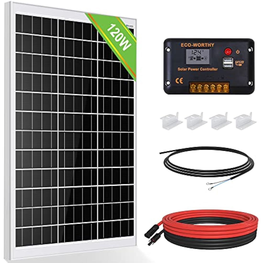ECO-WORTHY 120W 12V Solar Panel Kit 0.5kWh/Day Off-Grid Kit for RV Campervan Boat Camping:120W Mono Solar Panel + 30A PWM Solar Charge Controller + Z Brackets+ Solar Extension Cables