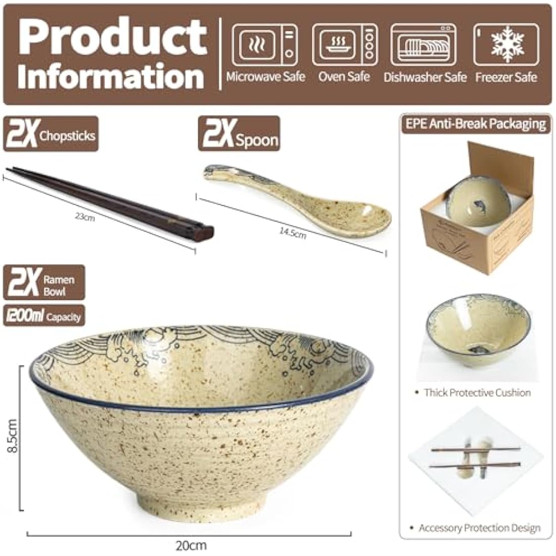 HLWDXno1 Ramen Bowl Set of 2 Ceramic Noodle Bowl with Chopsticks & Spoons 1200ml Large Soup Bowls Japanese Style Retro Porcelain Microwave Tableware Ramen Gift Set for Salad,Pho,Pasta,Udon, Fish