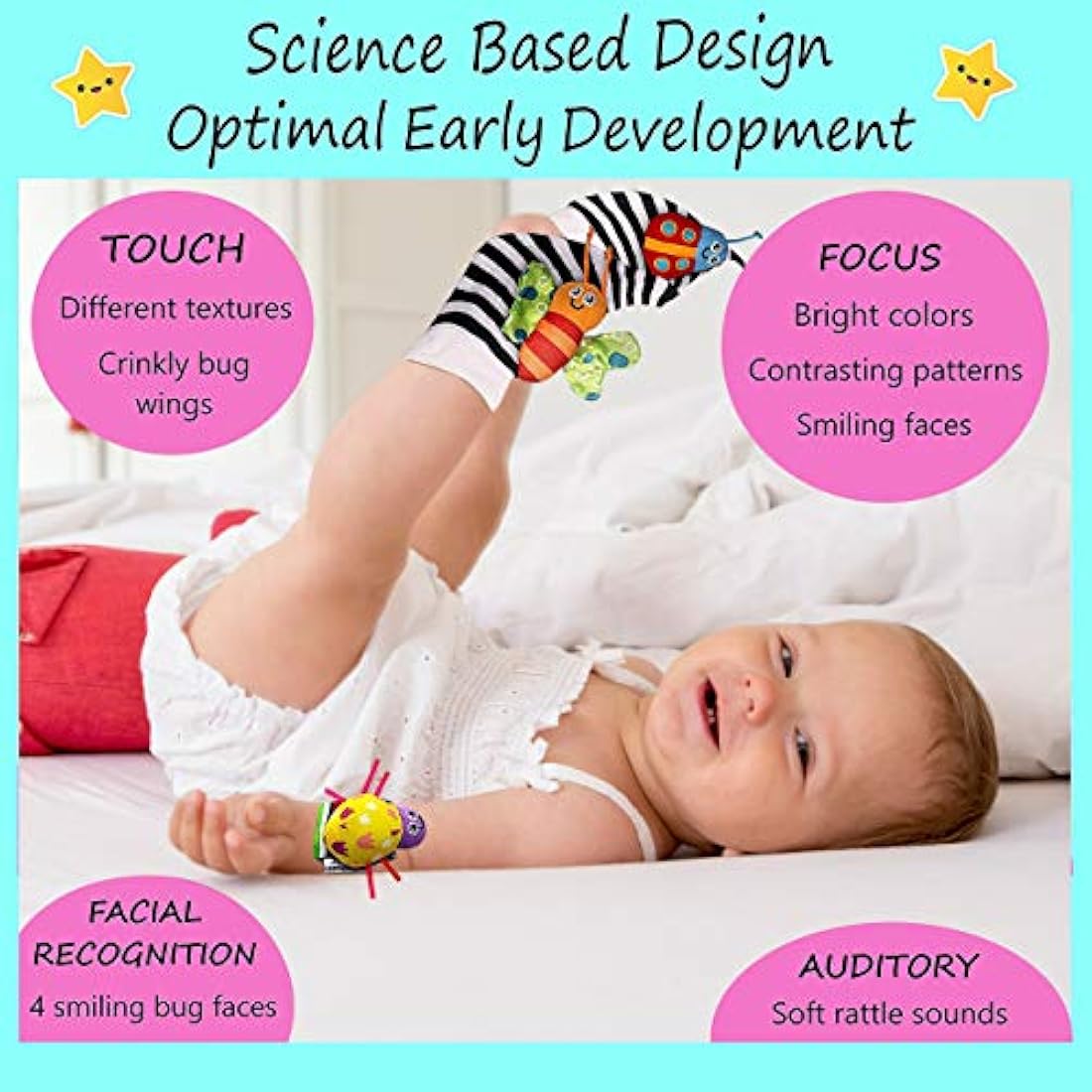 Foot Finders & Wrist Rattles for Infants - Developmental Texture Toys for Babies - Infant Socks & Baby Wrist Rattle - Newborn Toys for Girls Boys 0-3 3-6 6-9 Months