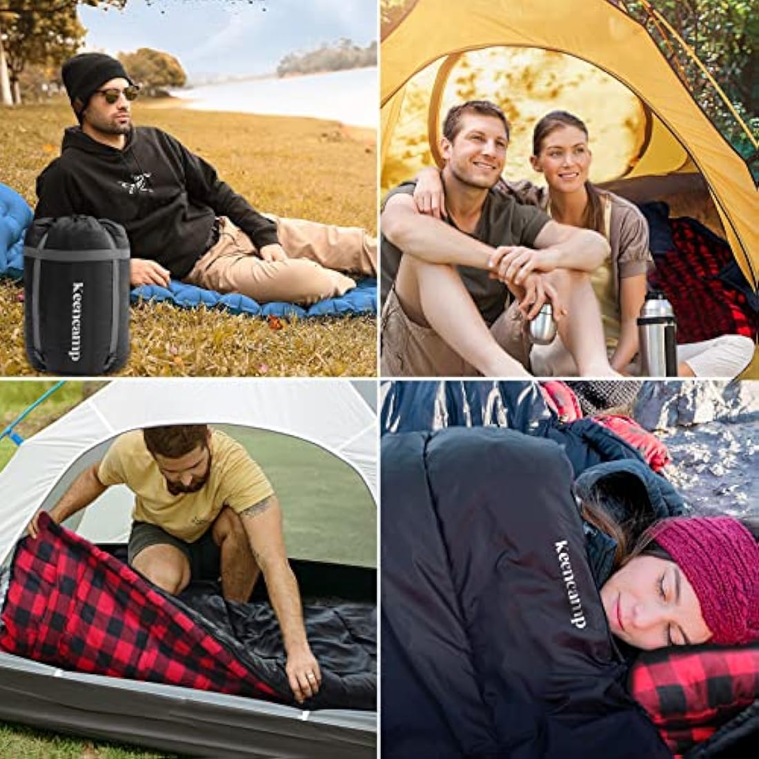 Keencamp Sleeping Bag Outdoor Flannel Warm 3-4 Seasons Cotton Inner Lining XXL Blanket Sleeping Bag Portable Lightweight Winter Sleeping Bags Camping for Adults 230 x 90 cm Black