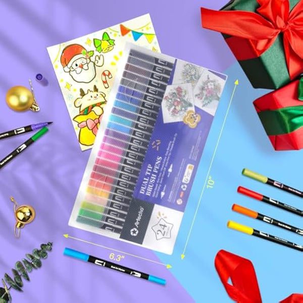 Artecho 24 Dual Tip Brush Pens，Colouring Pens brush pens for Adult，Colouring Books，Calligraphy，Drawing，Sketching, nylon tip for Artists，Beginners
