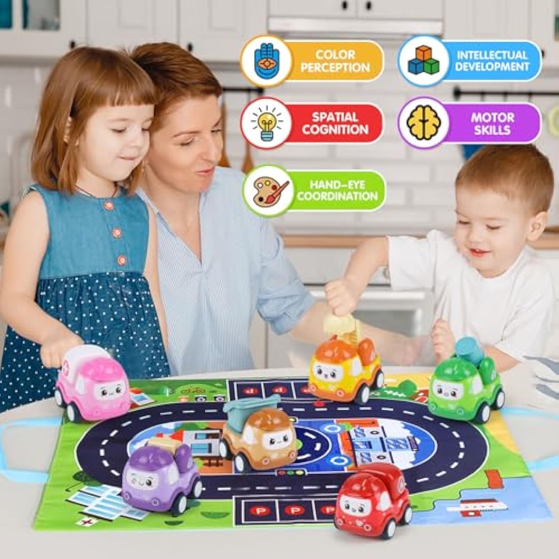 6PCS Pull Back Cars for Kids, Construction Vehicle Toy Set with Play Mat and Storage Bag, Friction Powered Trucks for Boys Girls Aged 3 4 5, Cartoon Gift for Birthday Easter Party