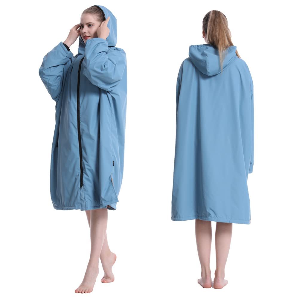 Hiturbo Waterproof Adult Changing Robe: Windproof Warm Swimming Robe Oversized Coat Surf Poncho with Fleece Lining Blue