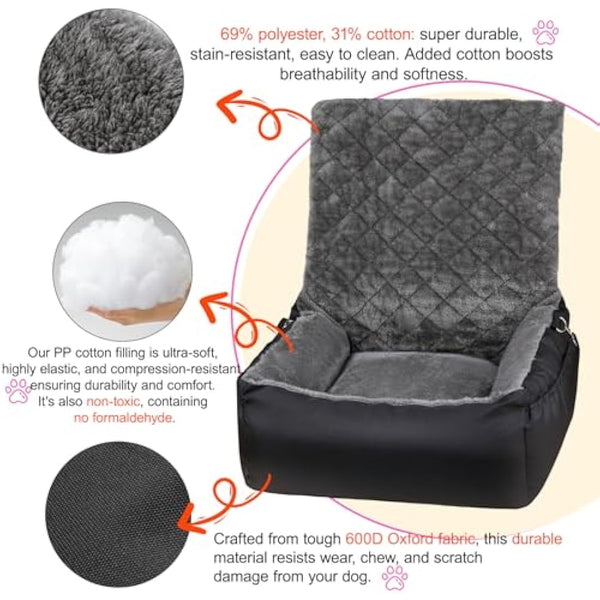 Dog Car Booster Seat for Small Dogs, Black Plush & Cosy Pet Travel Bed with Storage Pocket, Washable & Scratch Proof Pet Car Seat Bed for Back and Front Seat, Comes with a Safety Leash, Black