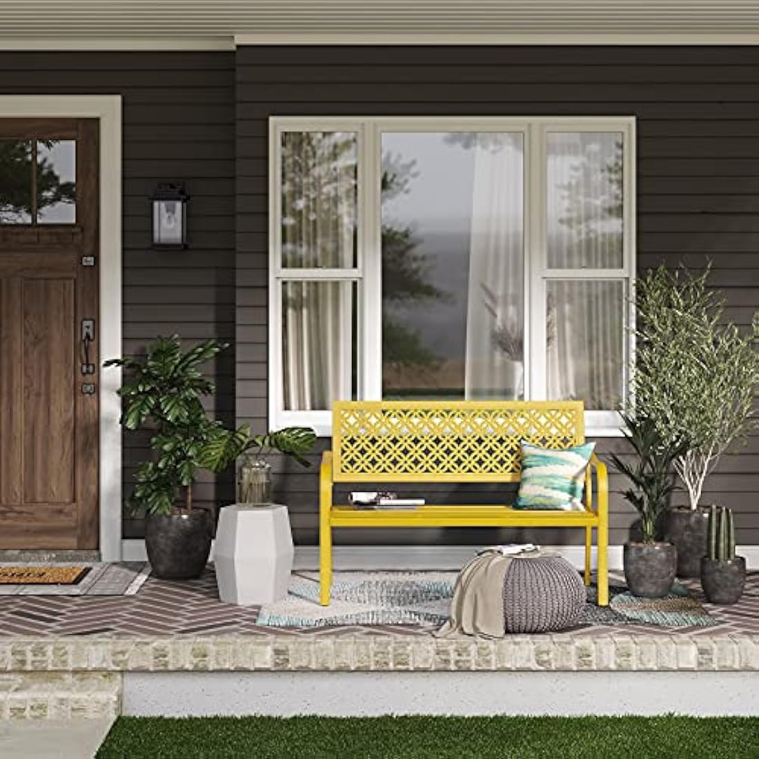 Grand patio Garden Bench, Outdoor Bench with 2-3 Seater, Rust Resistant, Stamped Pattern, Choice of Colours, Suitable for Indoor, Outdoor, Patio, Park (Yellow)