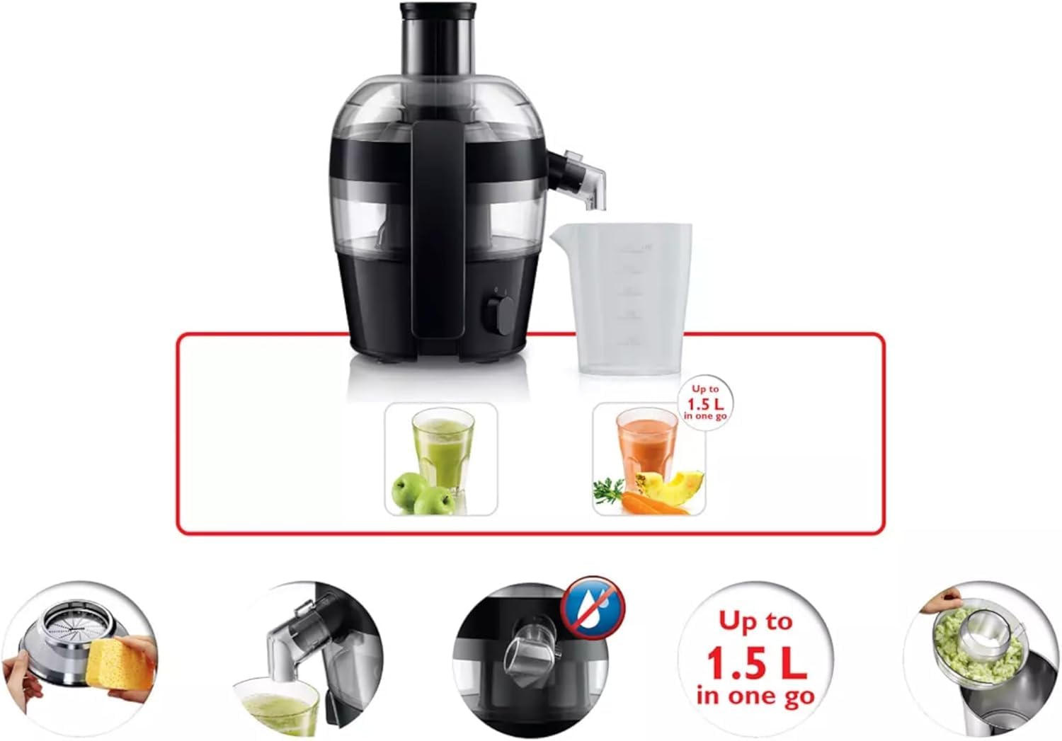 Philips Viva Collection Masticating Juicer, 150W, 1L, XL Tube, Quick Clean Technology, HomeID App, Dishwasher-safe Parts, Drip Stop, Easy Assembly, Compact Storage, Black (HR1889/71)