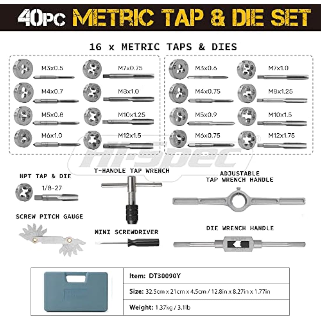 Hi-Spec 40pc Metric Tap & Die Set. Complete M3 to M12 Tapping and Threading Tools with Tap Wrench & Screw Pitch Gauge Accessories