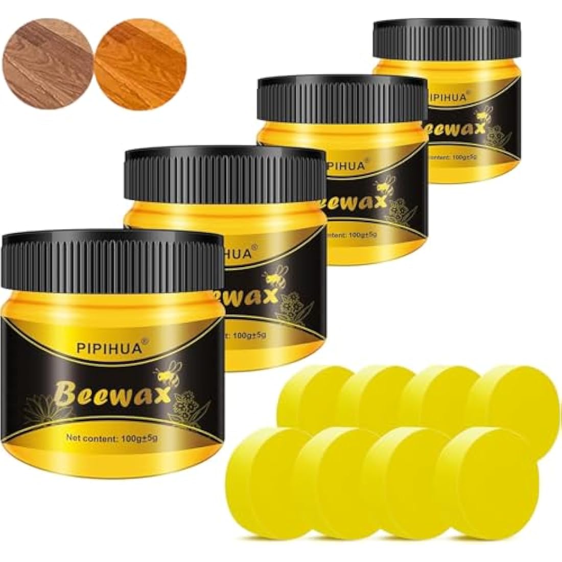 PIPIHUA Beeswax Polish for Wood, Multi-purpose Furniture Polish for Waterproofing & Protection, Natural Beeswax Traditional Wood Wax for All Types and Colours, 4×100g with 8 Sponges