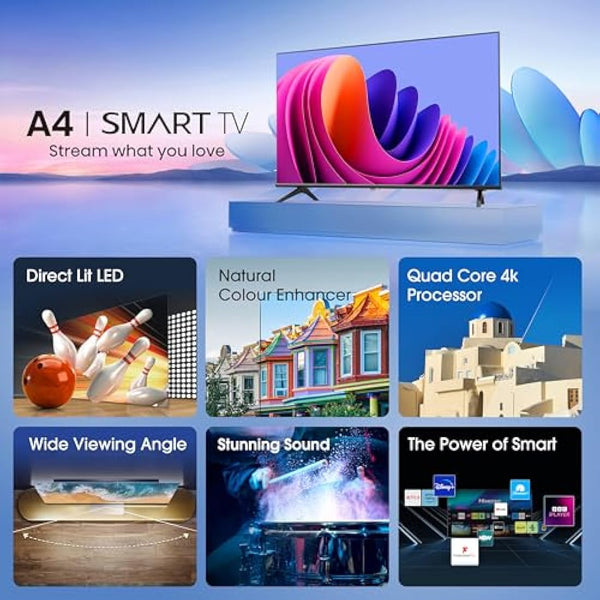Hisense 40 Inch Smart TV 40A4NTUK - FHD Resolution, Natural Colour Enhancer, DTS Virtual:X & Dolby Audio, AI Sports Mode, VIDAA OS with Youtube, Netflix and Disney+ and Freeview Play (2024 Model)