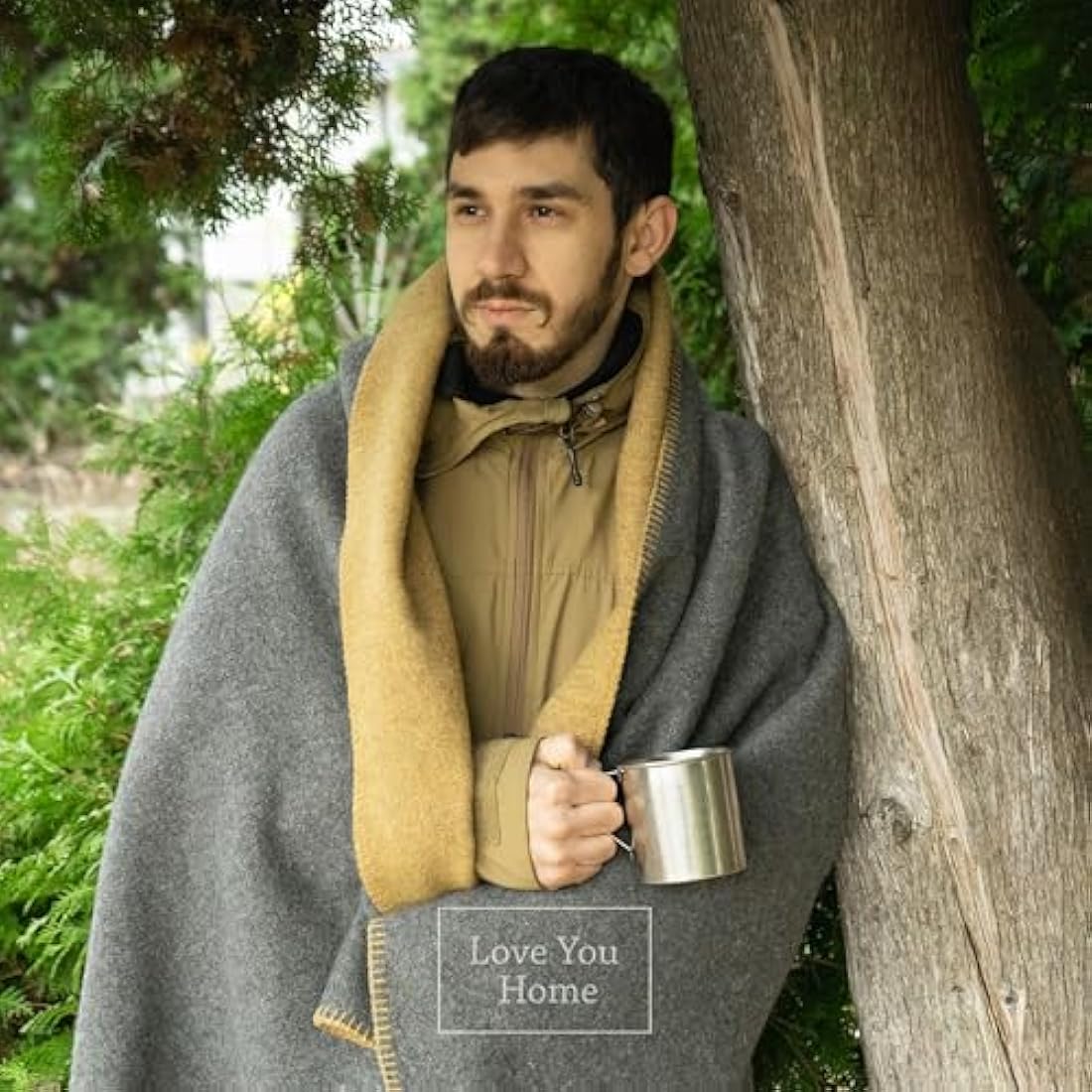 LYHome Travel Blanket - Extra Warm Picnic Throw, Bed Camping Outdoor Wool Blankets, Cozy Soft Throws, Military Army and Garden Outside Use (59x84 in | 150x215 cm | Gray - Mustard Double-sided)