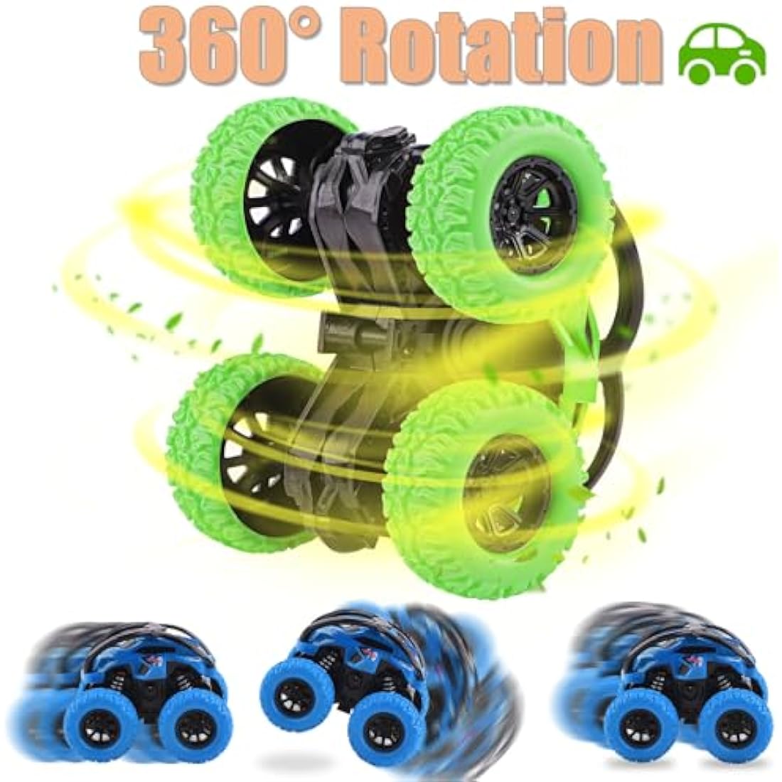 2 Pack Toy Cars For Toddlers 2+， 360 Degree Rotation Push And Go Vehicle, Kids Pull Back Cars Racing Game Toys Gift For 3 4 5 6 Toddler (Blue+Green)
