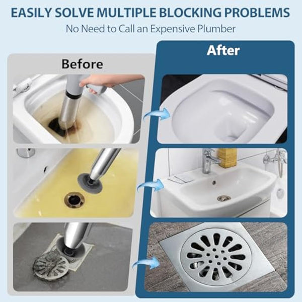inShareplus Toilet Plunger, Grey Toilet Unblocker Heavy Duty, High Pressure Plunger Kit with 4 Replaceable Heads and 1 Gloves Plunger Sink Unblocker for Unblocking Toilets, Sink, Bathtub, Floor, Drain