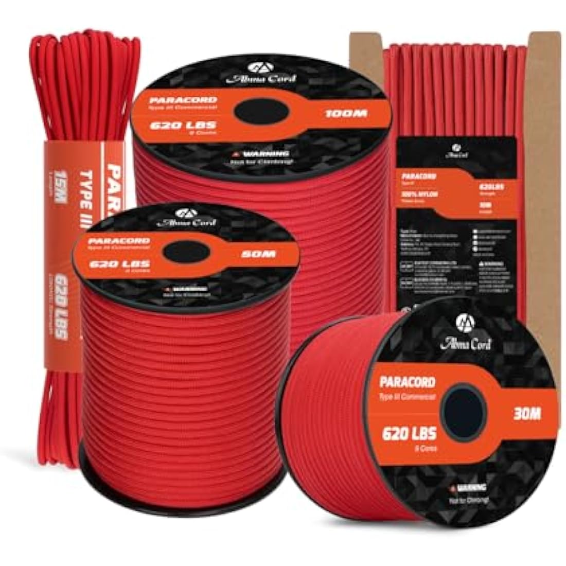 Abma Cord Paracord 4mm 100m 100% Nylon Rope 9 Strands Type III Parachute Cord for DIY, Camping, Survival, Outdoor - Max. 280kg - Red