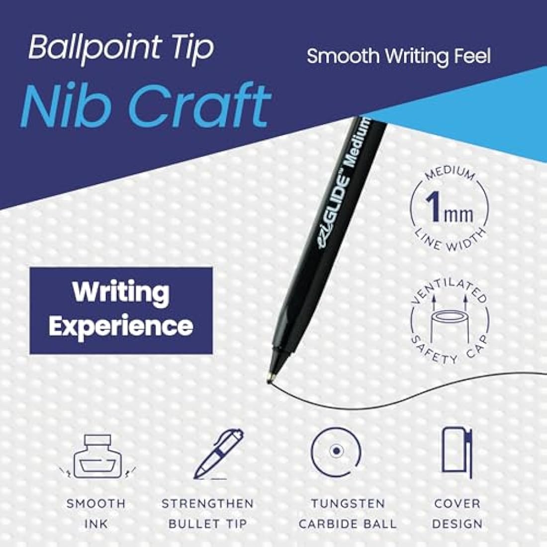 Eziglide 50-Pack Ballpoint Pen Set, 5 Assorted Colours – Medium Point Nib (1.0mm) for Precise Writing & Ergonomic Grip – Writing Pens for Home, Office, Teachers, Exams, Work, and Stationary Use