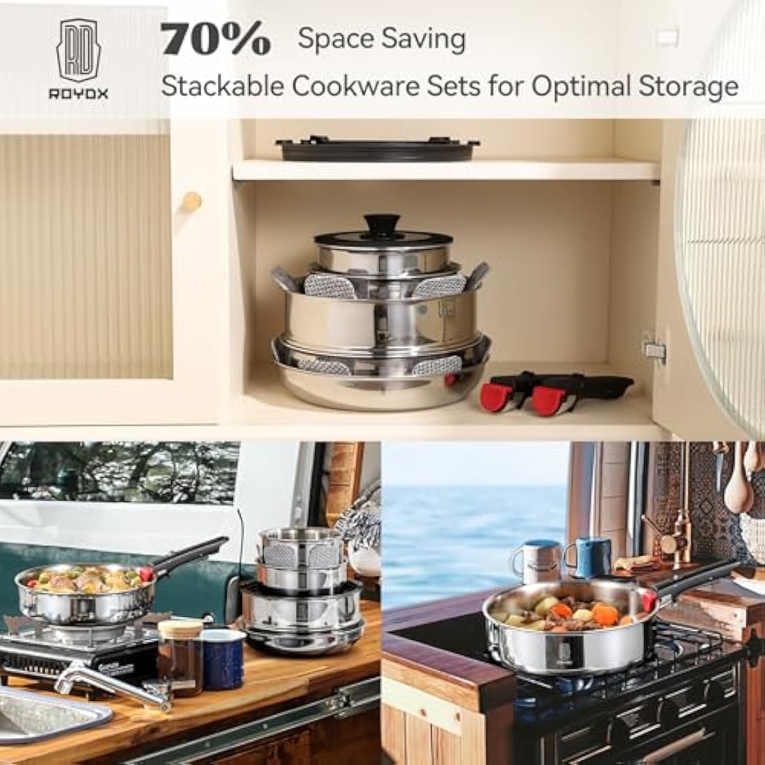 ROYDX 18/10 Stainless Steel Pan Set with Detachable Handles, 16 Piece Stackable Saucepan Set with Steamer, 24cm / 26cm Frying Pans with Pot for All Stoves inclu.Induction and Gas, Oven Proof