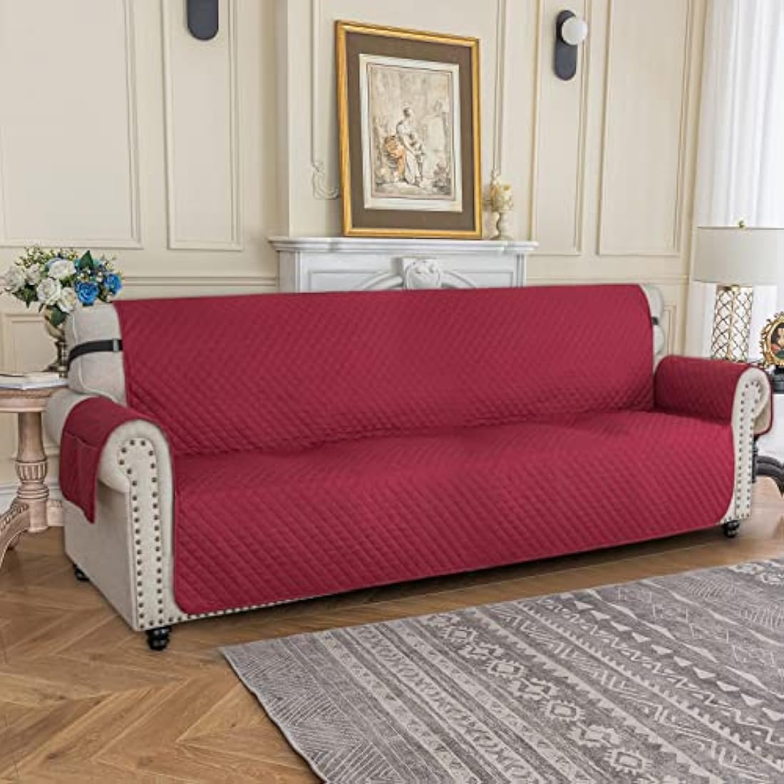 XINEAGE Quilted Sofa Covers 4 Seater, Water Resistant Sofa Slipcovers with Pockets, Extra Large Couch Covers for Dogs Pets, Reversible Sofa Protector with Elastic Strap Washable (XL-Sofa, Red)