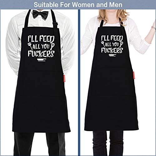 APRONPANDA I'll Feed All You - Funny Black BBQ Chef Aprons for Men Women with 2 Pockets - Gifts for Men, Birthday Gifts for Husband, Son, Boyfriend- Kitchen Cooking Grilling Apron
