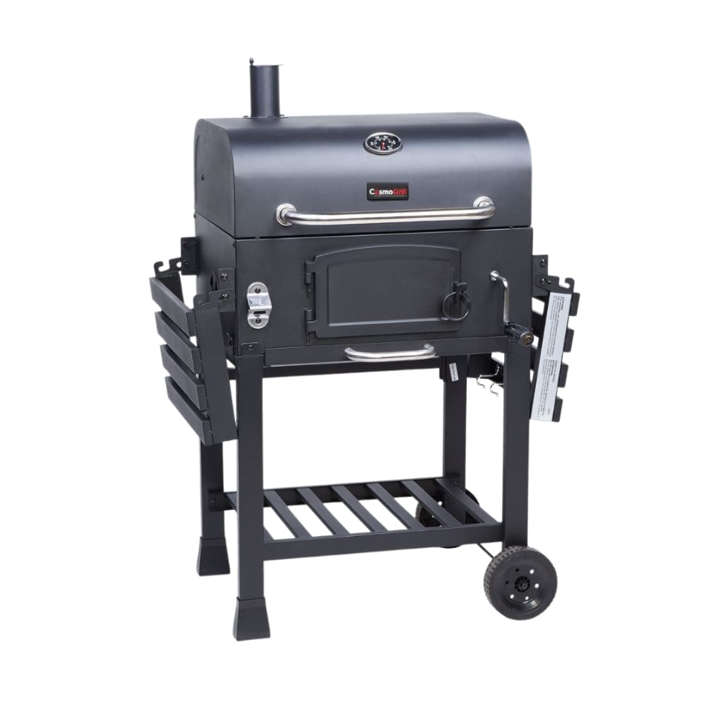 CosmoGrill Outdoor XL Smoker Barbecue Charcoal Portable BBQ Grill, 2 Folding Side Table, Built-in Thermometer, Adjustable Charcoal Pan & Chimney, Wheels, Large Coal BBQ Smoker for Home Garden Cooking