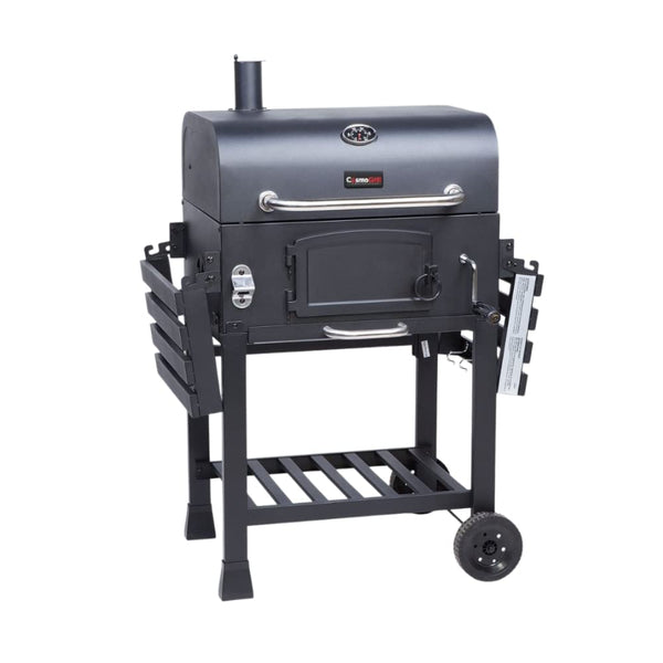 CosmoGrill Outdoor XL Smoker Barbecue Charcoal Portable BBQ Grill, 2 Folding Side Table, Built-in Thermometer, Adjustable Charcoal Pan & Chimney, Wheels, Large Coal BBQ Smoker for Home Garden Cooking