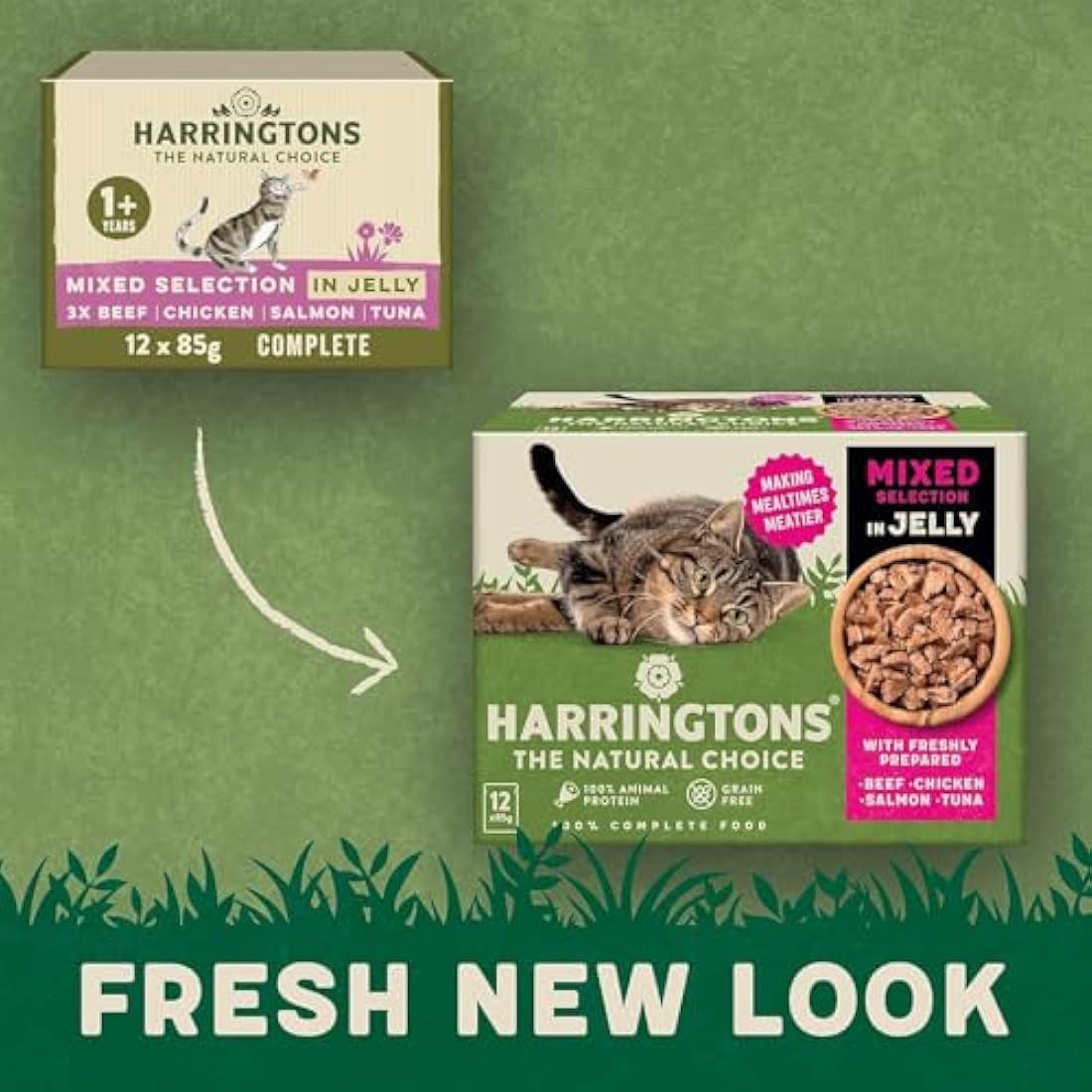 Harringtons Complete Wet Pouch Grain Free Hypoallergenic Adult Cat Food Mixed in Jelly Pack 72x85g - Beef, Chicken, Salmon & Tuna- Making Mealtimes Meatier