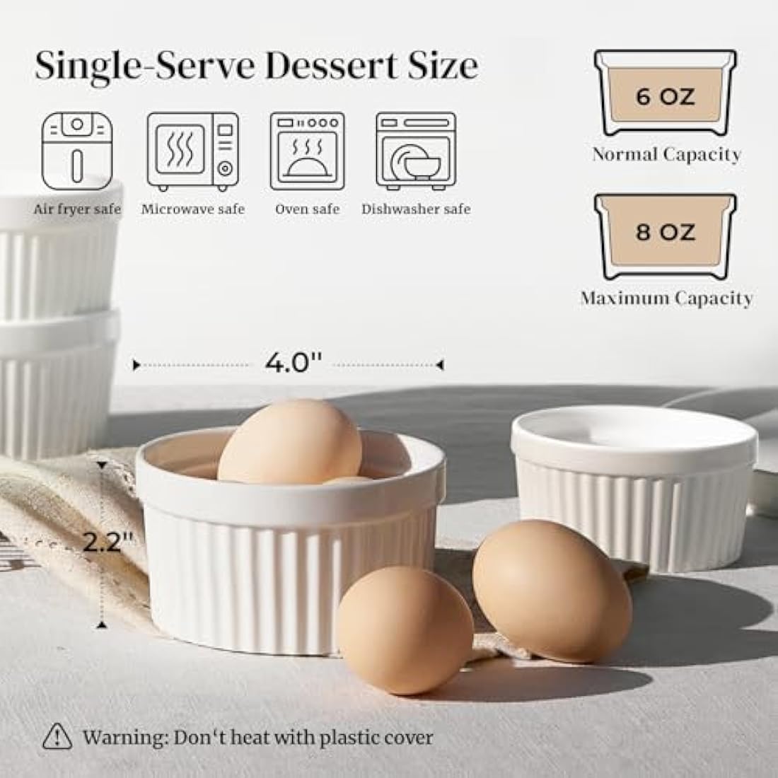 DOWAN Ramekins with Lids, 8 OZ Porcelain Ramekin Dishes for Creme Brulee Soufflé, Egg Mould, Muffin Cases, Mini Dip Bowl, Baking Bowl for Oven & Air Fryer, Classic White, Pack of 6