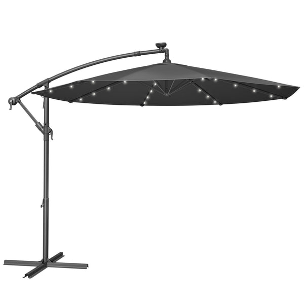 SONGMICS Cantilever Garden Parasol with Solar-Powered LED Lights, 3 m Banana Patio Umbrella with Base, Crank for Opening Closing, Sunshade with Protection UPF 50+, Beige GPU118M01