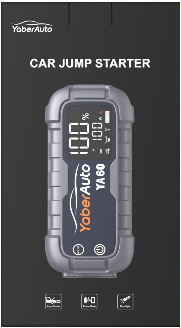 Jump Starter Power Pack 6000A 26800mAh YaberAuto Car Battery Booster, Portable Car Jump Starter Power Bank (for All Gas/12L Diesel) with Heavy-duty Jump Leads, 65W Fast Charging, 600 Lumens Light
