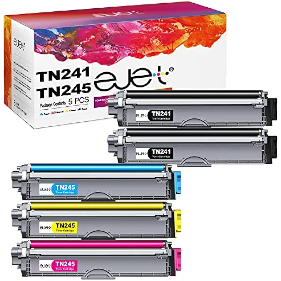 ejet 5 Pack TN241 TN245 Toner Cartridges for Brother TN-241 TN-245 Compatible for DCP-9020CDW DCP-9015CDW HL-3140CW HL-3150CDW HL-3170CDW MFC-9330CDW MFC-9340CDW (2 Black/1 Cyan/1 Magenta/1 Yellow)