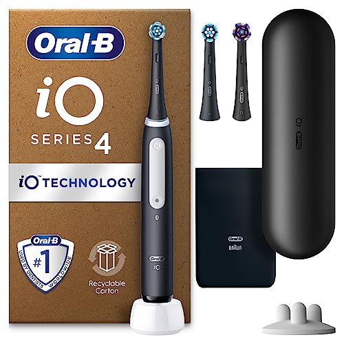 Oral-B iO4 Electric Toothbrush For Adults, 3 Toothbrush Heads, Travel Case & Toothbrush Head Holder, 4 Modes With Teeth Whitening, 2 Pin UK Plug, Black