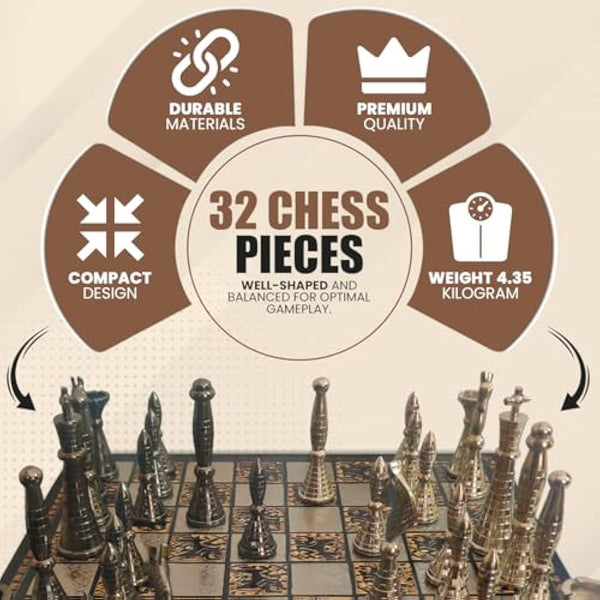 Guruji Divinity Collectible Tribal Warli Art Brass Chess Set in Leather Storage Box. (12 X 12 in)