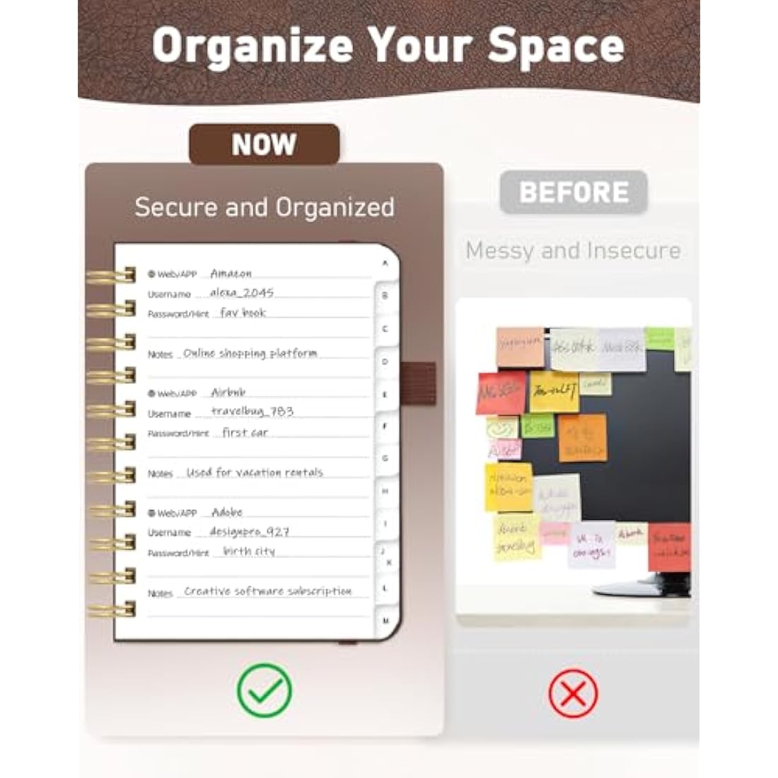 WEMATE Spiral Password Book with Alphabetical Tabs, Small Password Keeper Book for Seniors, Internet Password Notebook Hardcover Password Journal logbook – 12 x 15cm (Brown)